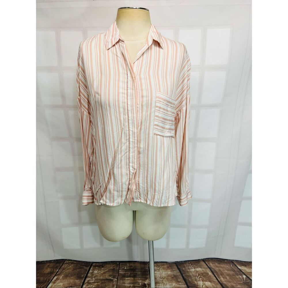 H&M Orange White Striped Long Sleeve High Low Button Up Blouse Shirt Size 2